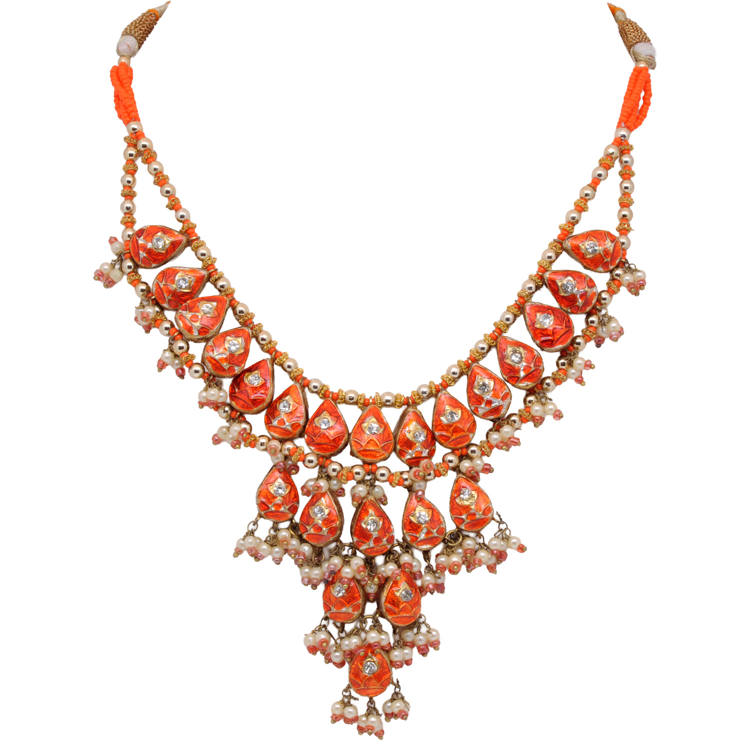 Orange & White Color Traditional Lacquer Necklace & Earring Set - Image 2