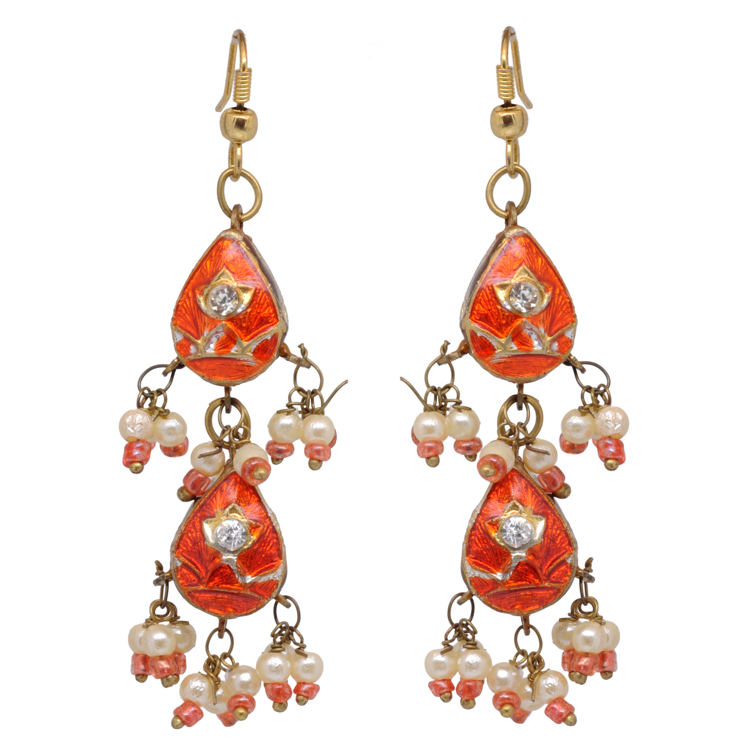 Orange & White Color Traditional Lacquer Necklace & Earring Set - Image 3