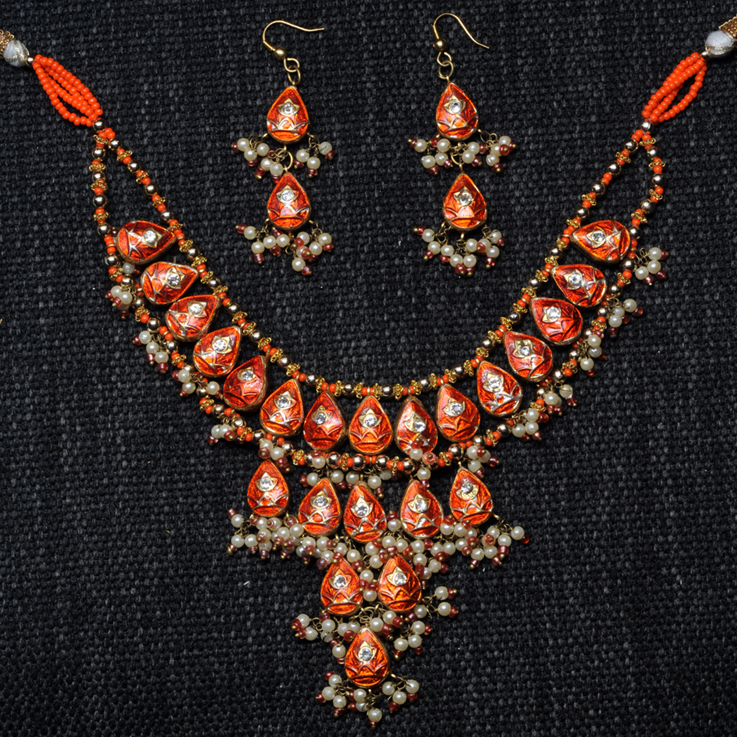 Orange & White Color Traditional Lacquer Necklace & Earring Set - Image 5