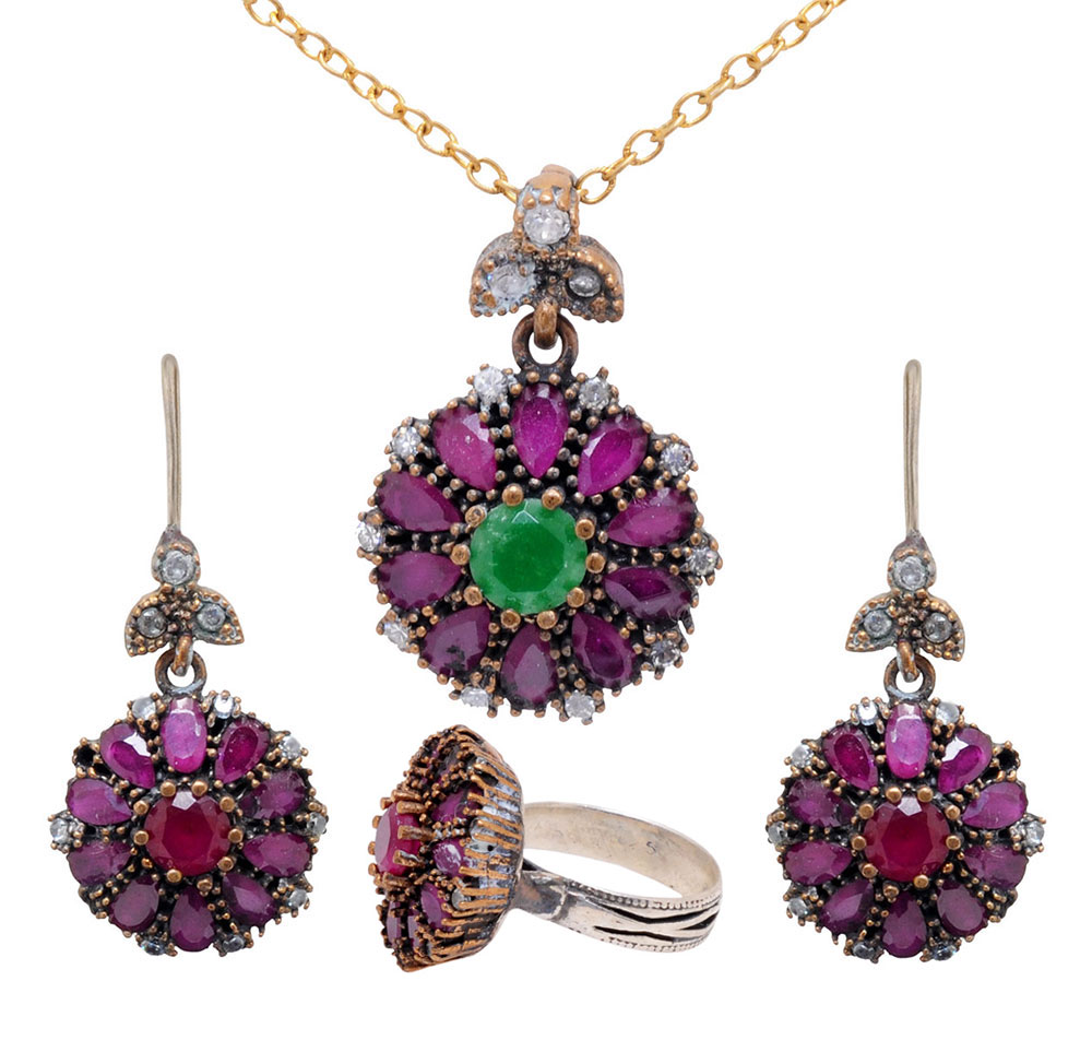 Ruby & Topaz Gemstone Studded Silver Ring Earrings & Pendant