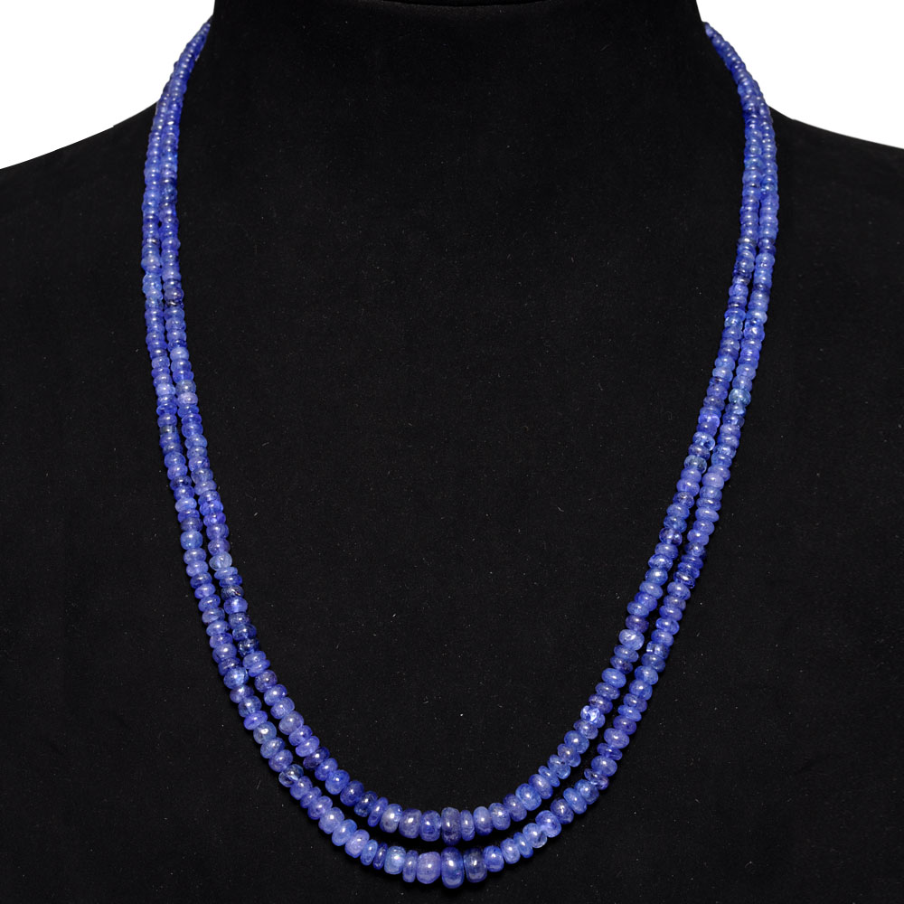 2 Lines 221 Carats Tanzanite Gemstone Plain Beads Necklace