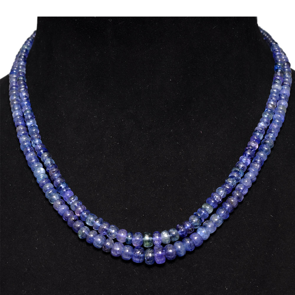 2 Lines 221 Carats Tanzanite Gemstone Plain Beads Necklace