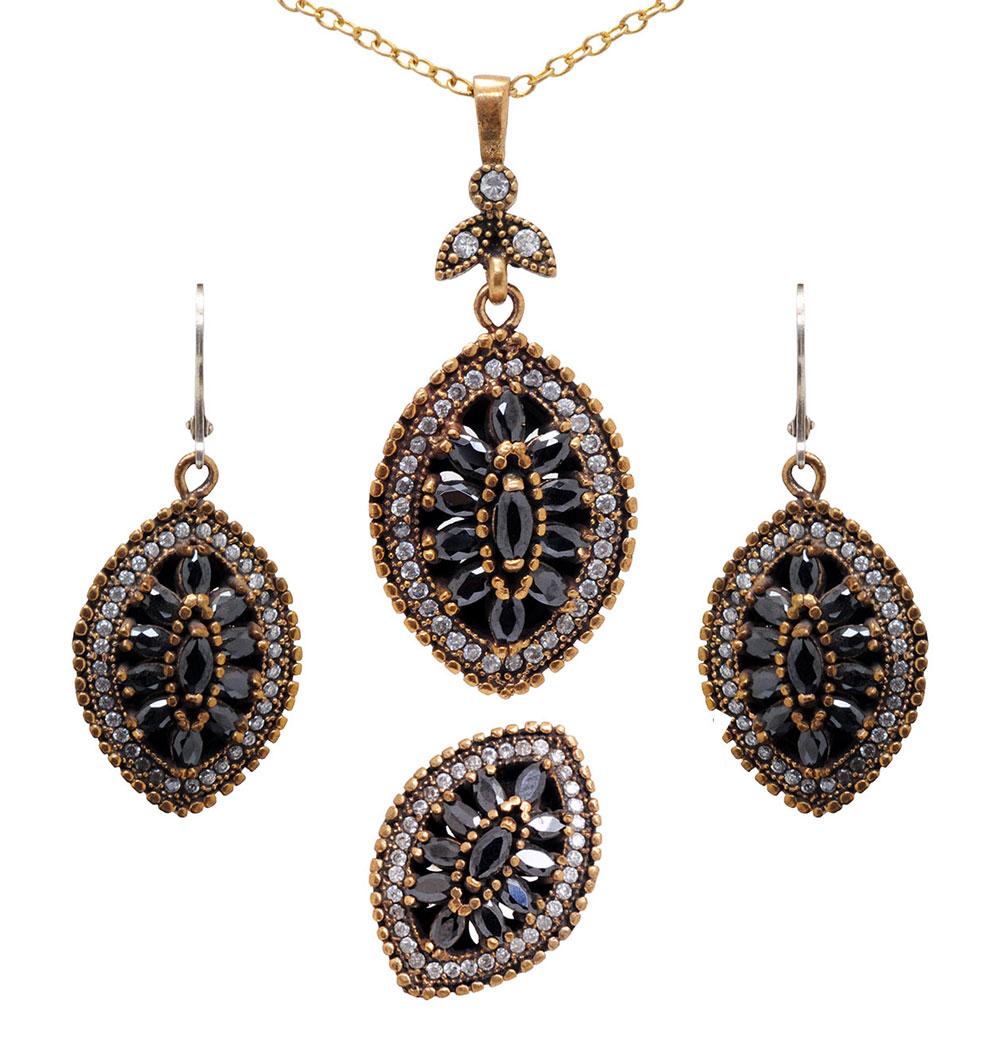 Black Spinel & Topaz Gemstone Studded Silver Ring Earring & Pendant
