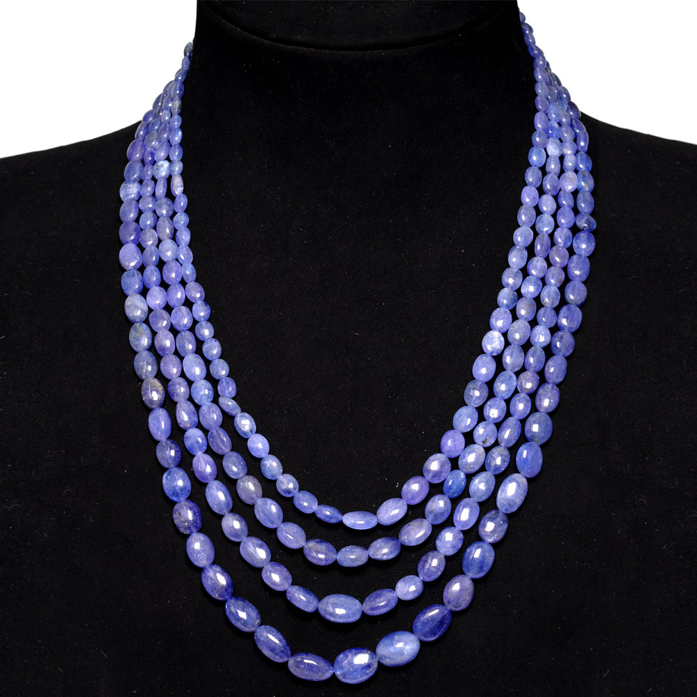 4 Lines 535 Carats Tanzanite Gemstone Plain Beads Necklace