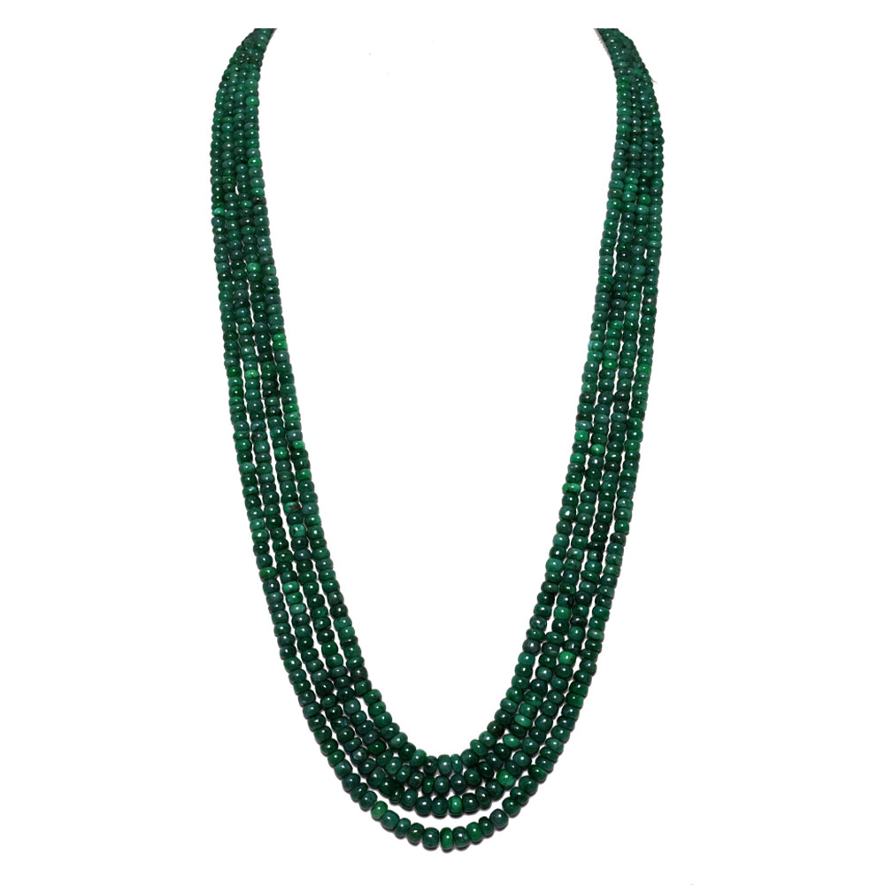 4 Lines 356 Carats Emerald Gemstone Cabochon Beads Necklace