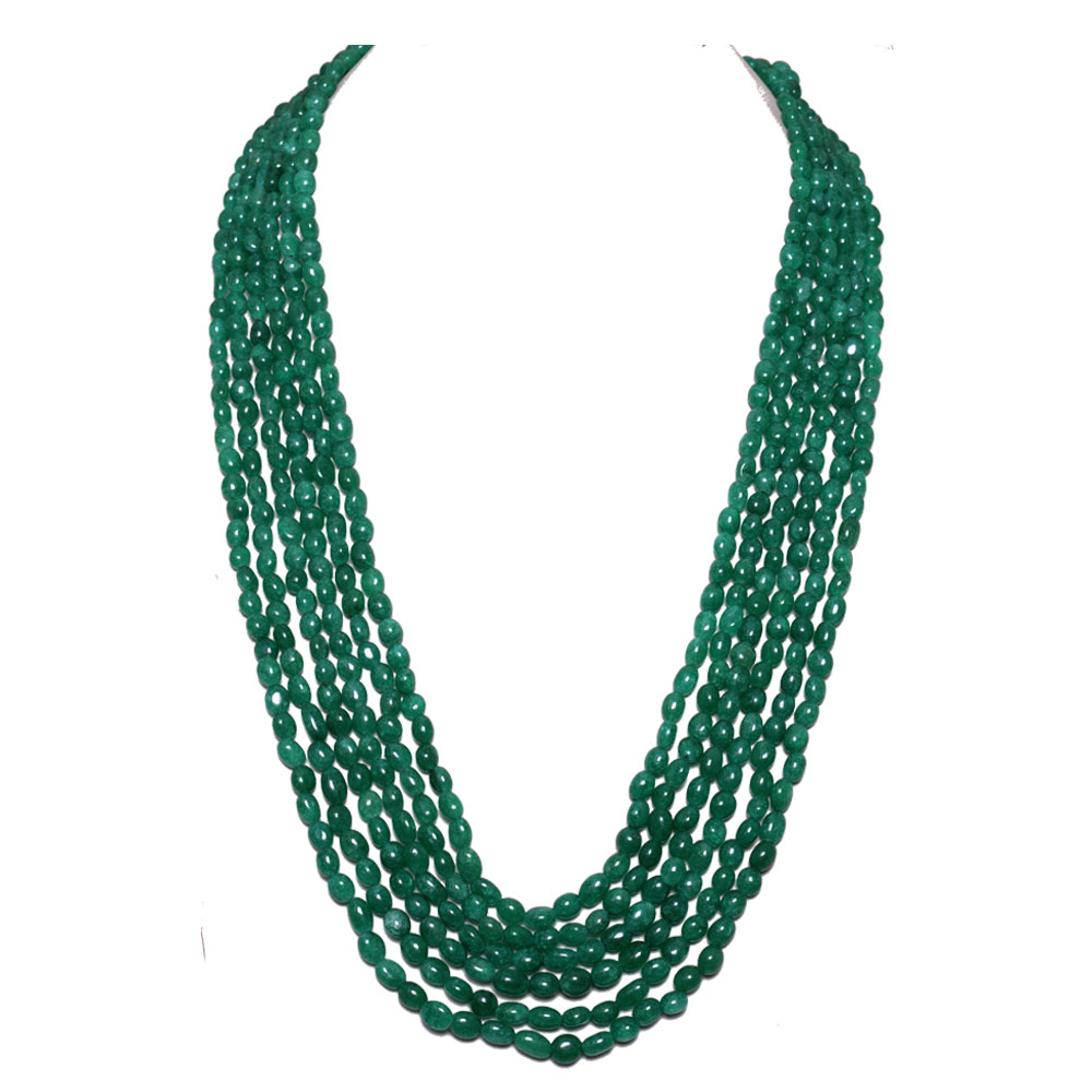 6 Lines 509 Carats Emerald Gemstone Oval Shaped Beads Necklace