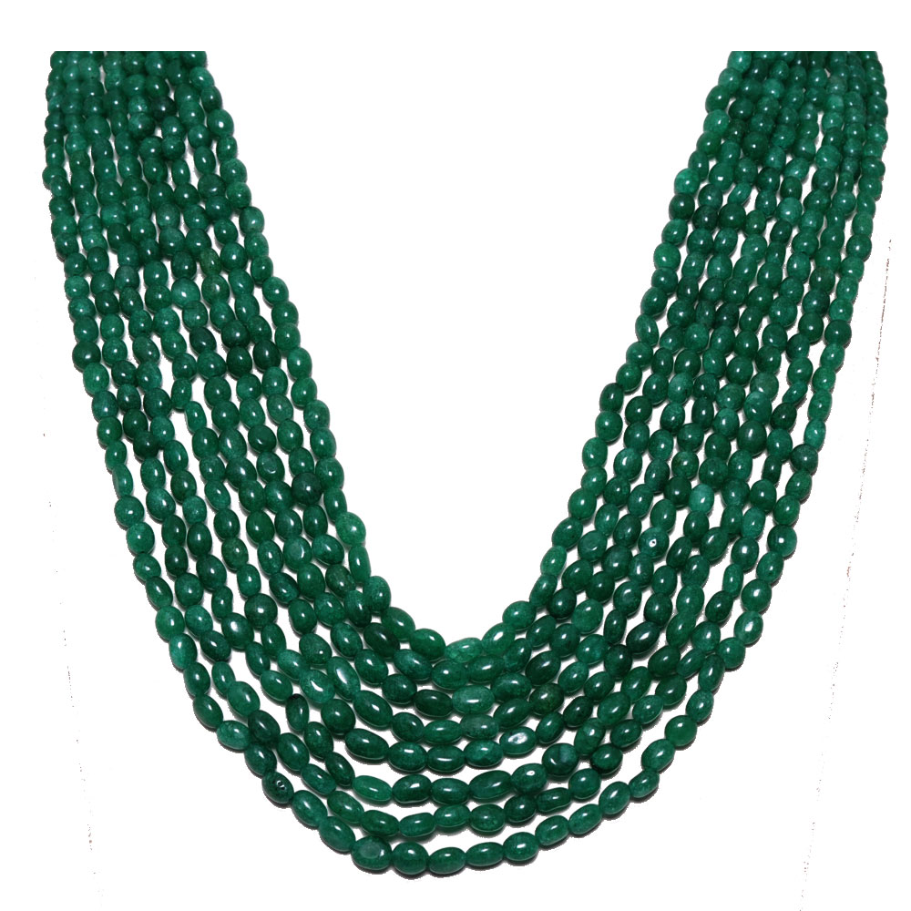 8 Lines 456 Carats  Emerald Gemstone Oval Shaped Beads Necklace