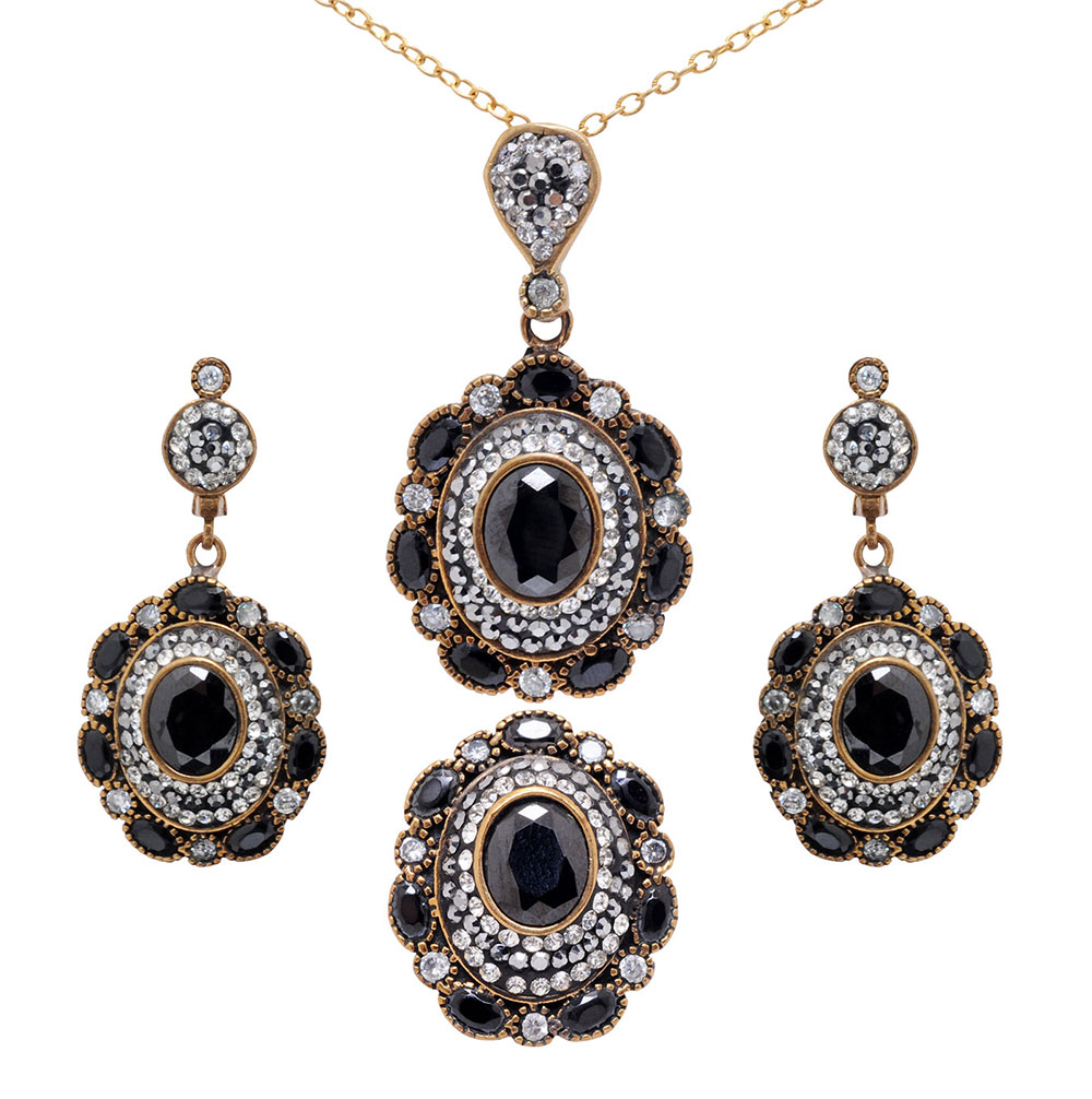 Pyrite Black Spinel & Topaz Gemstone Studded Silver Ring Earring Pendant