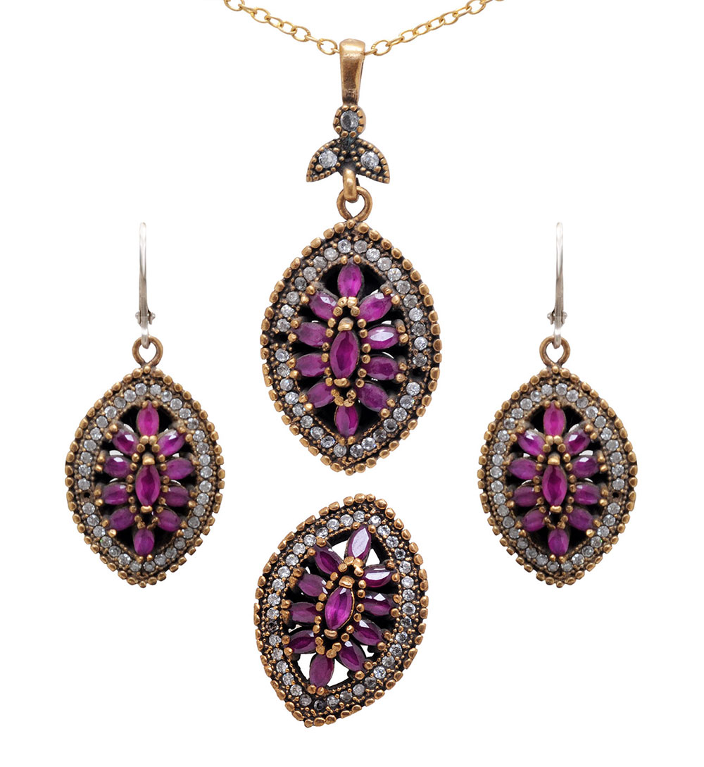 Ruby & White Topaz Gemstone Studded Silver Ring Earring Pendant