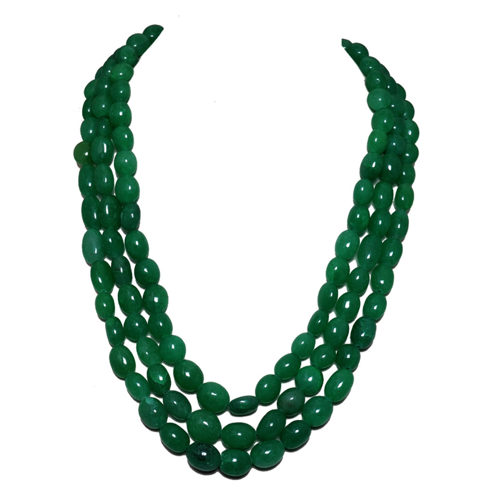 3 Lines 731 Carats Emerald Gemstone Oval Shaped Beads Necklace