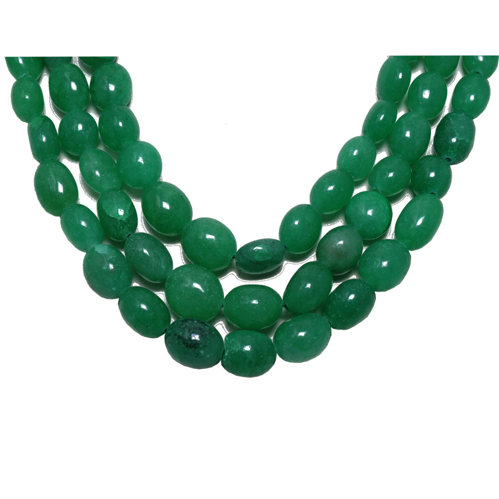3 Lines 731 Carats Emerald Gemstone Oval Shaped Beads Necklace
