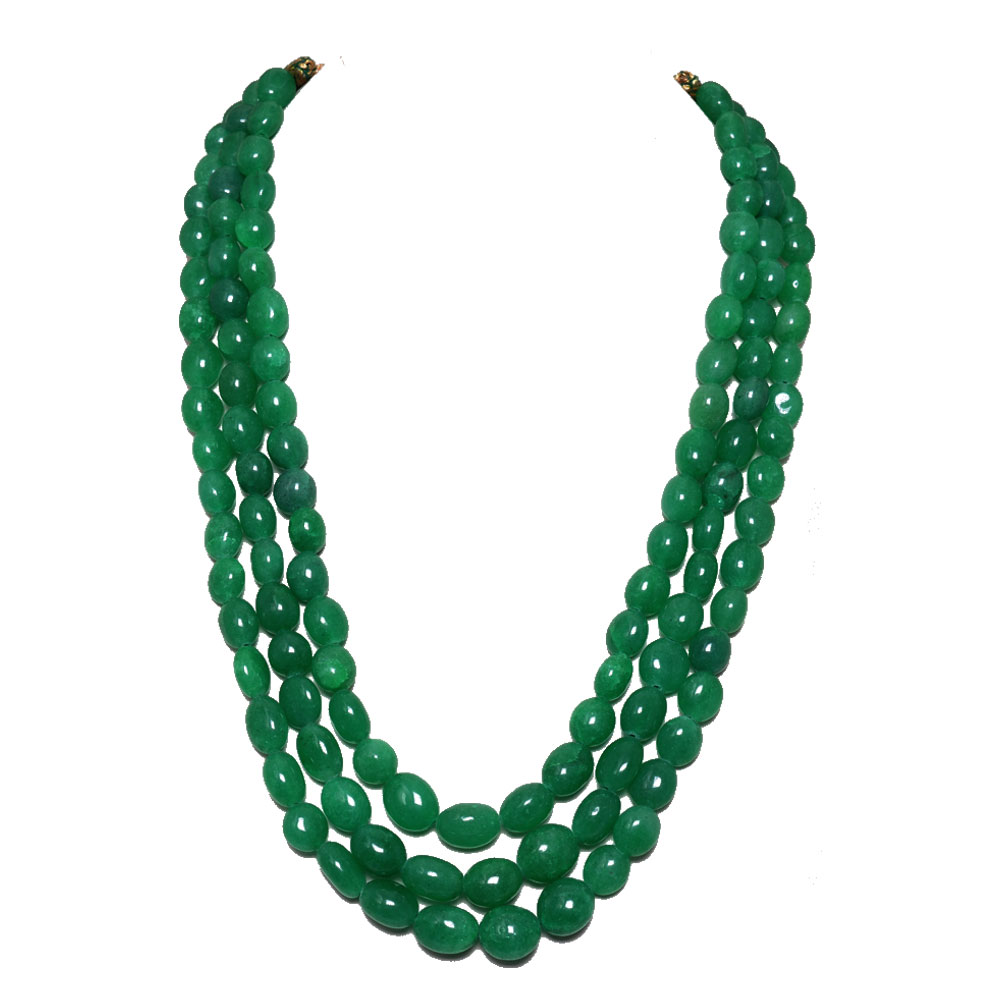 3 Lines 721 Carats Emerald Gemstone Oval Shaped Beads Necklace
