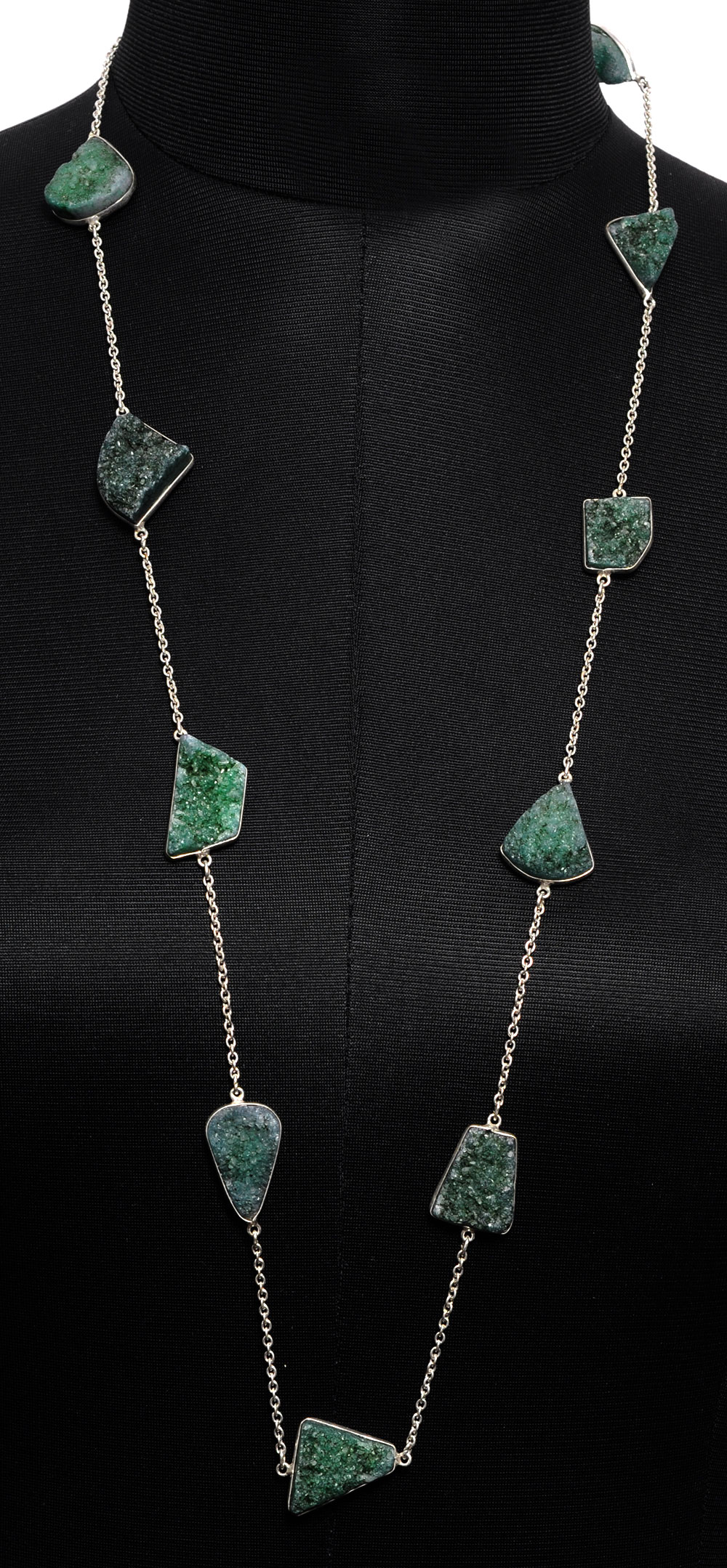 Green Druzy Color Stone Chain In . Sterling Silver Overlay