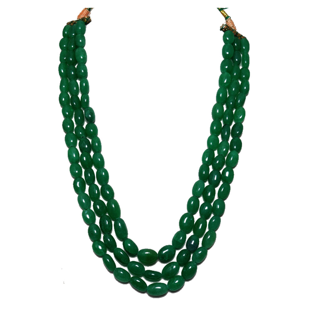 3 Lines 738 Carats Emerald Gemstone Oval Shaped Beads Necklace