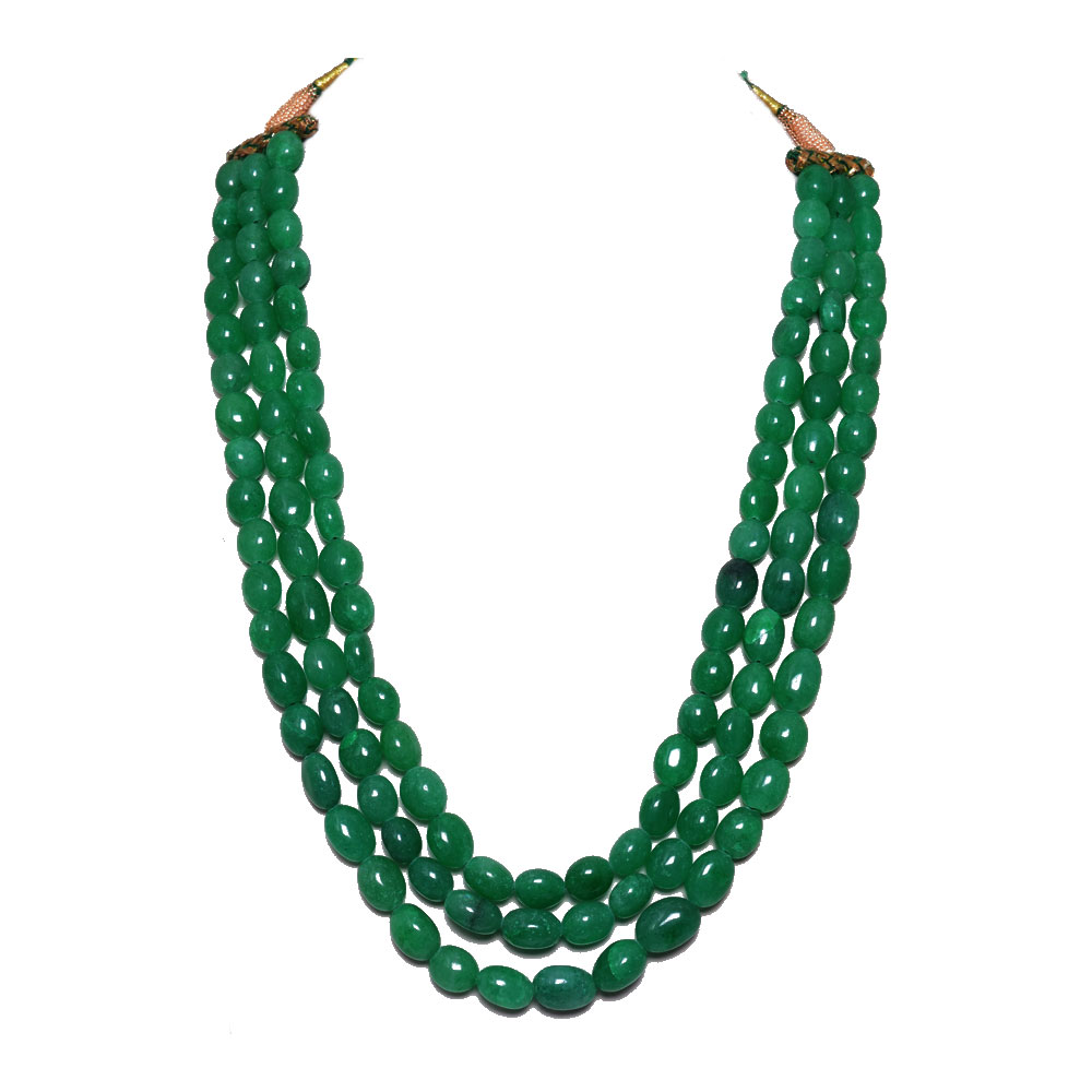 3 Lines 736 Carats Emerald Gemstone Oval Shaped Beads Necklace