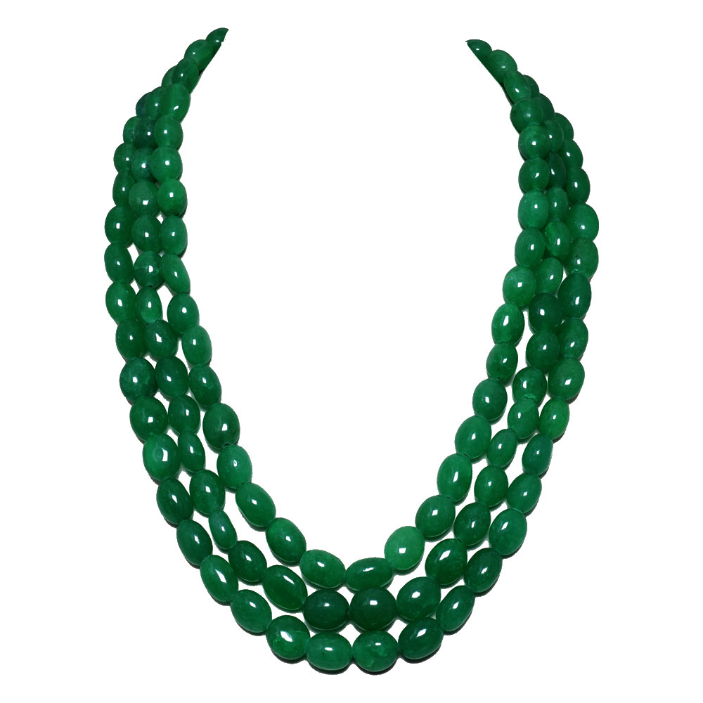 3 Lines 723 Carats Emerald Gemstone Oval Shaped Beads Necklace