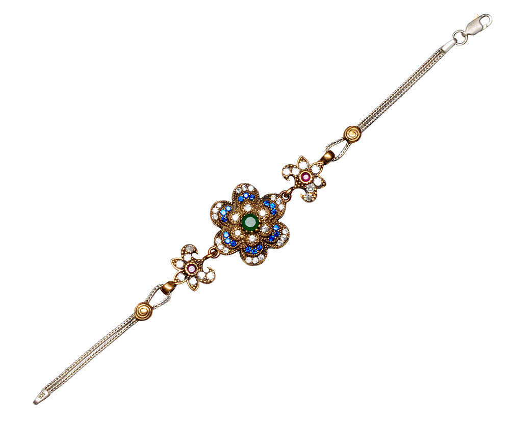 Sapphire Emerald Ruby Gemstone Studded Silver Bracelet