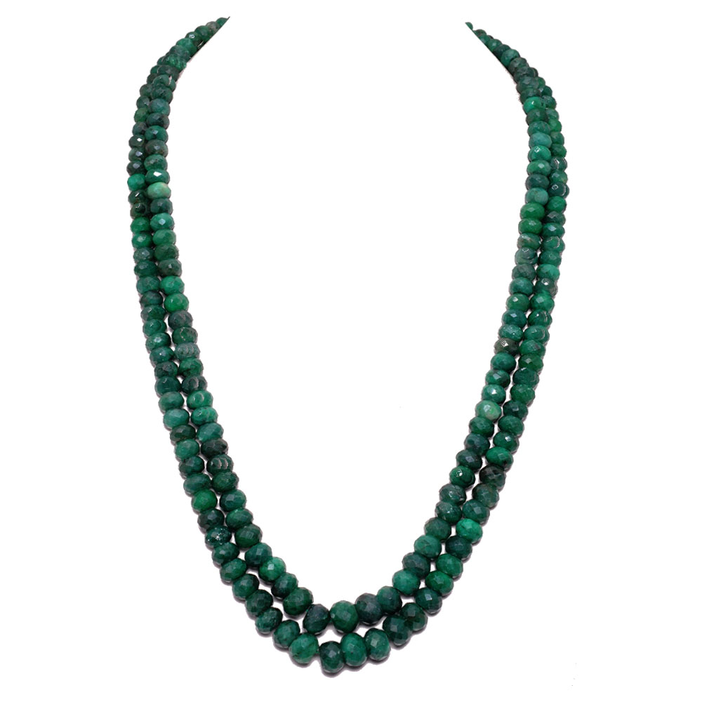 2 Lines 728 Carats Emerald Gemstone Faceted Beads Necklace
