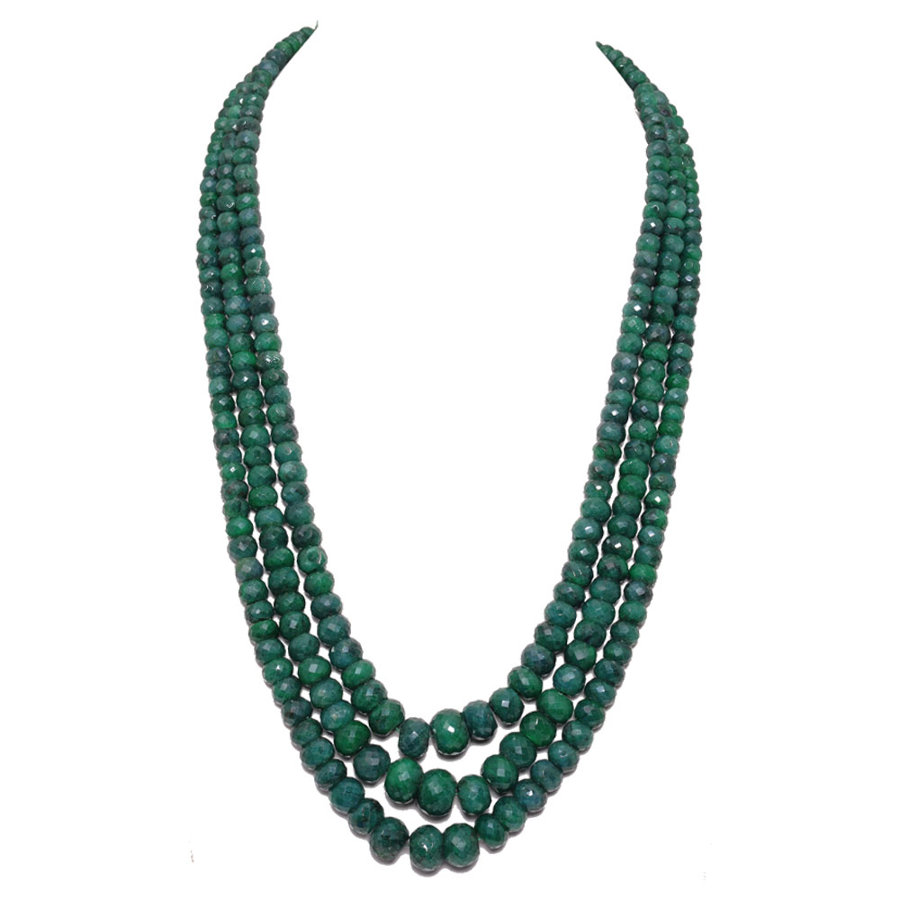 3 Lines 1093 Carats Emerald Gemstone Faceted Beads Necklace