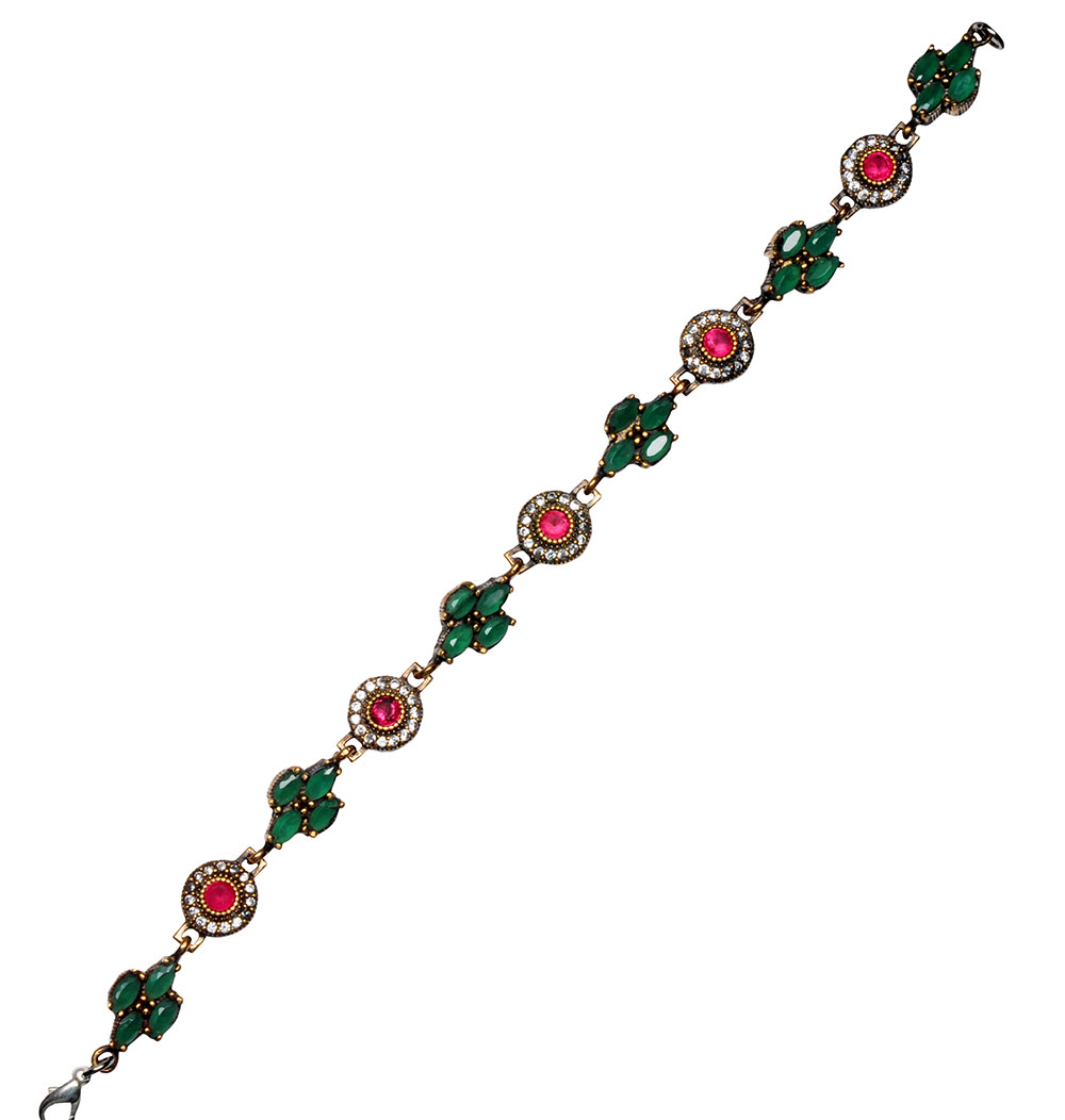 Emerald & Pink Tourmaline Gemstone Studded Silver Bracelet