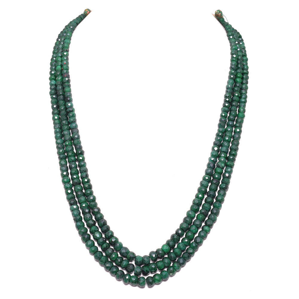 3 Lines 612 Carats Emerald Gemstone Faceted Beads Necklace
