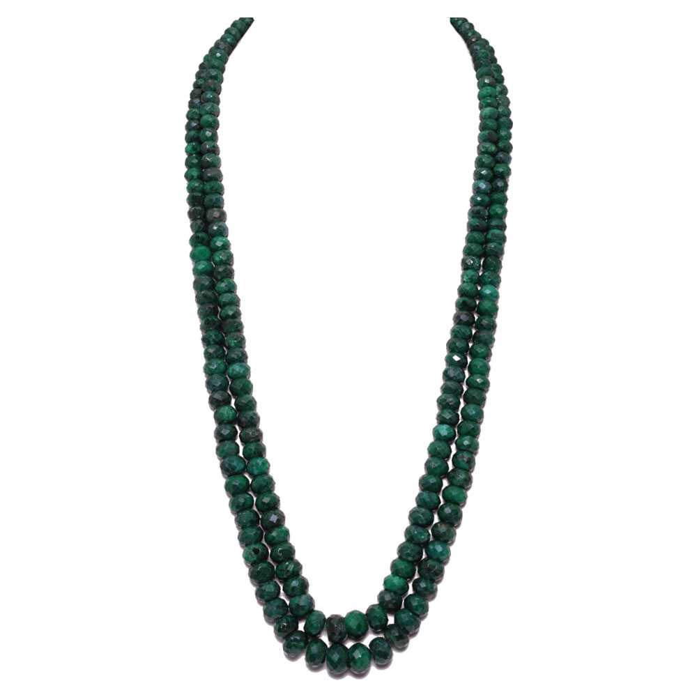 2 Lines 814 Carats Emerald Gemstone Faceted Beads Necklace