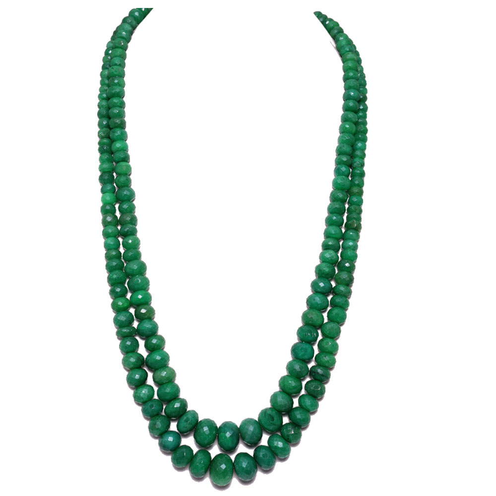 2 Lines 1072 Carats Emerald Gemstone Faceted Beads Necklace