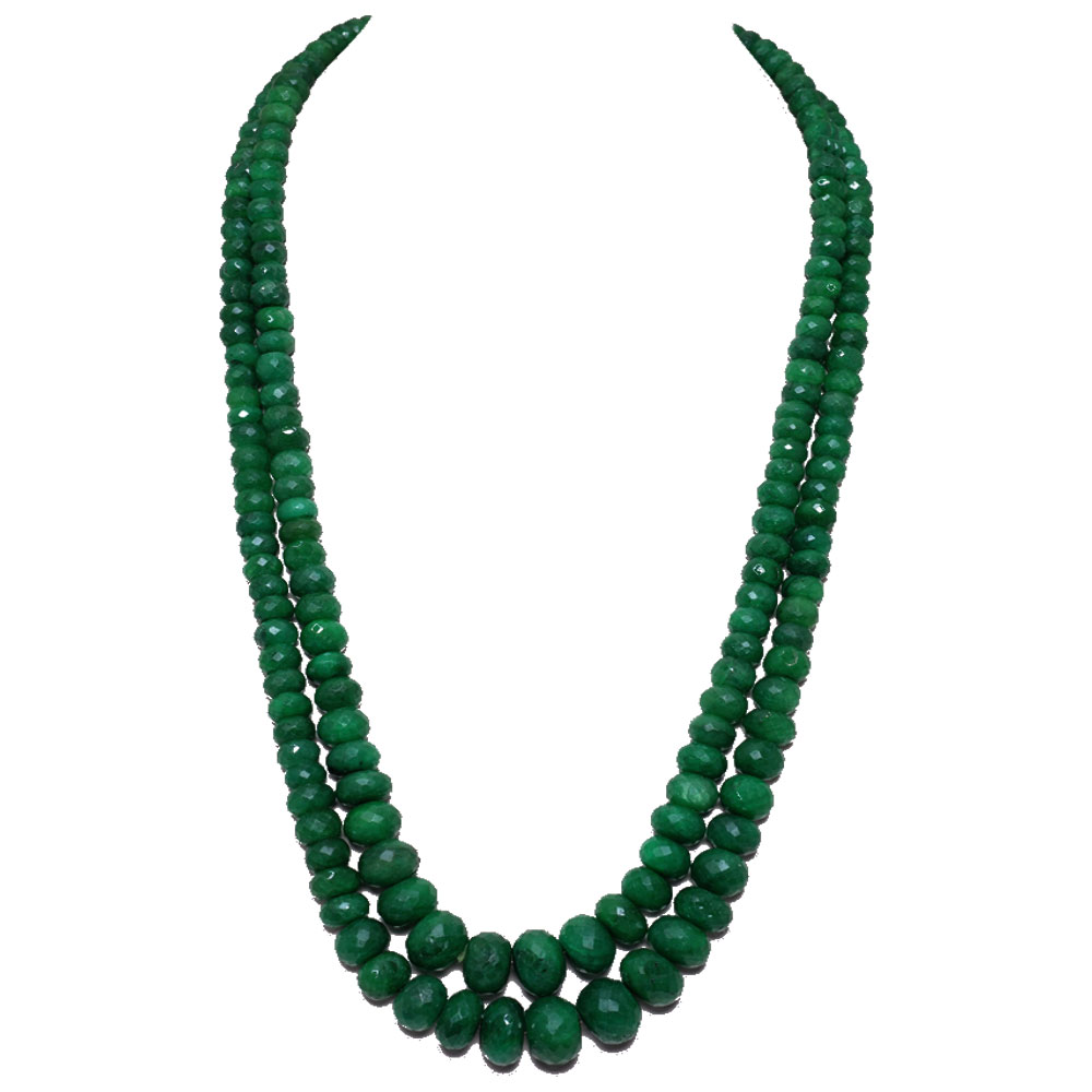 2 Lines 915 Carats Emerald Gemstone Faceted Beads Necklace
