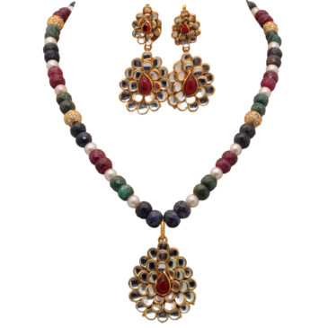 Pearl & Multi Color Stone Studded Pacchi Pendant & Earring Set