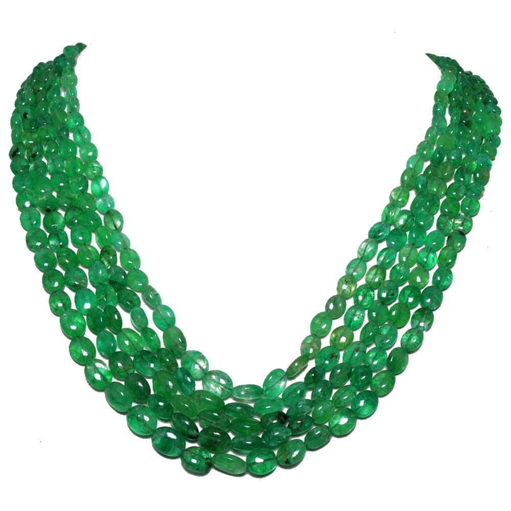 5 Lines 667 Carats Emerald Gemstone Oval Shaped Beads Necklace