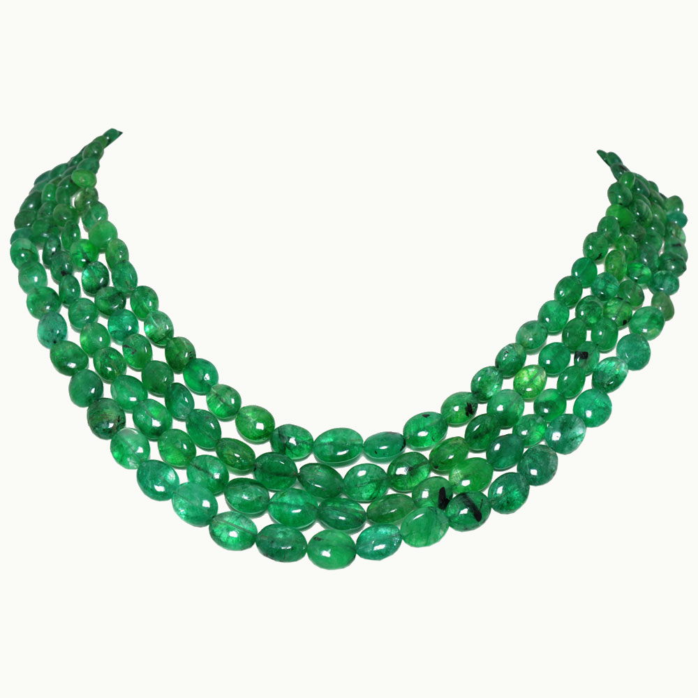 4 Lines 488 Carats Emerald Gemstone Oval Shaped Beads Necklace
