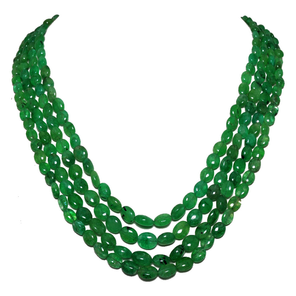 4 Lines 530 Carats Emerald Gemstone Oval Shaped Beads Necklace