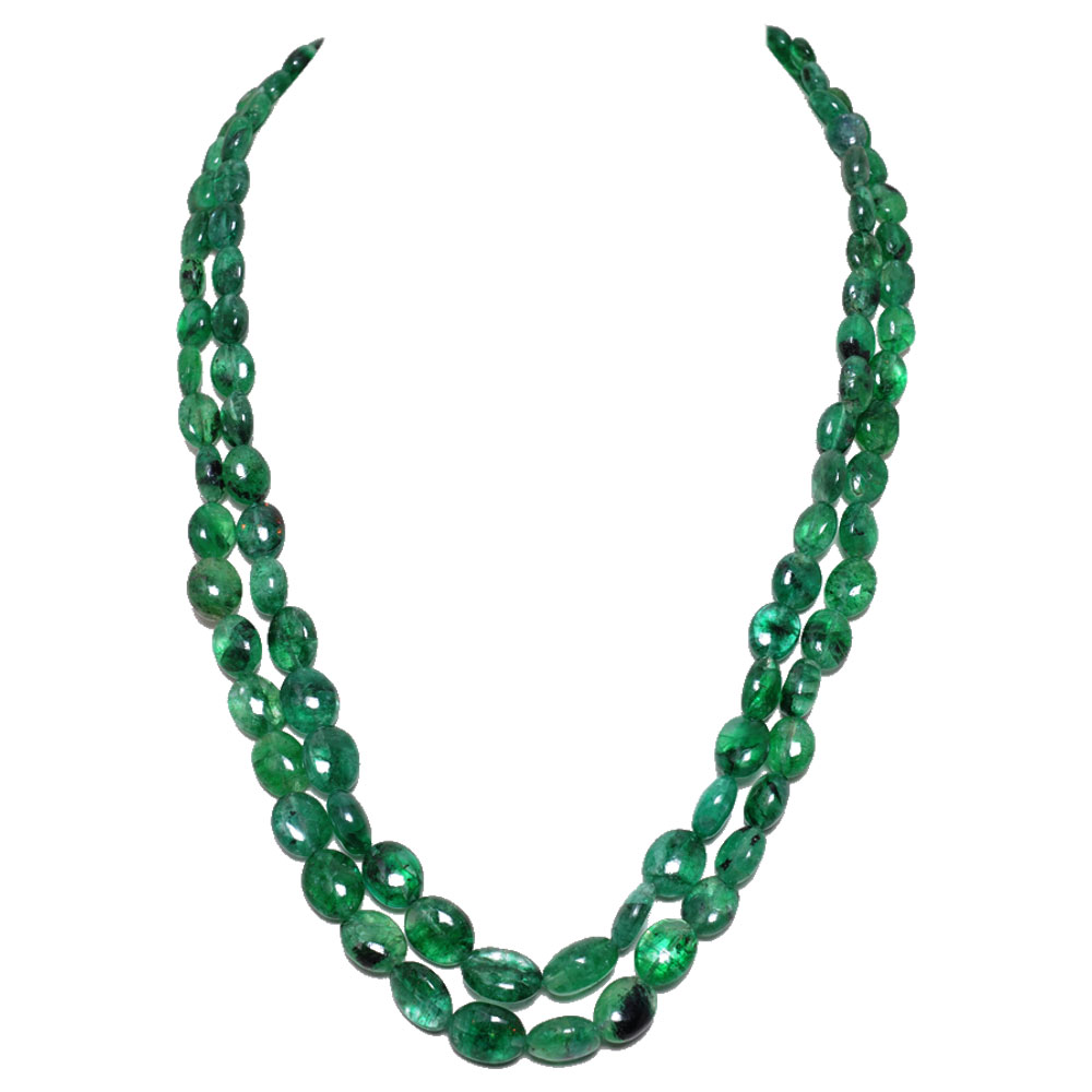 2 Lines 236 Carats Emerald Gemstone Oval Shaped Beads Necklace