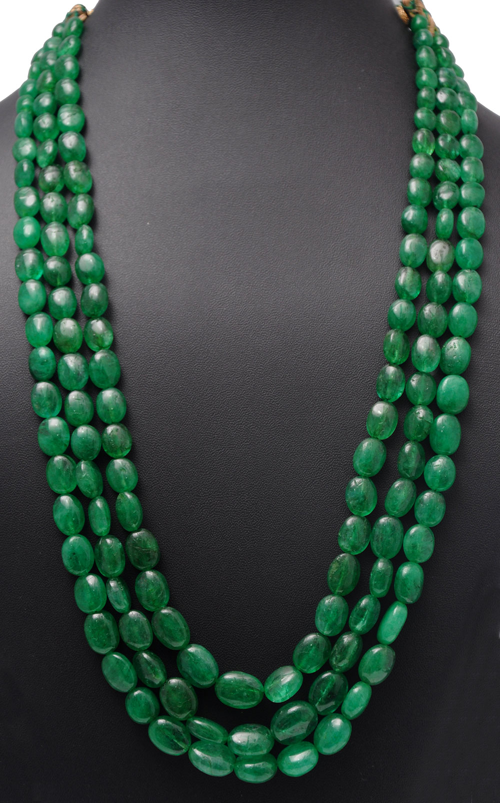 3 Rows Of Emerald Gemstone Oval Shaped Bead Necklace