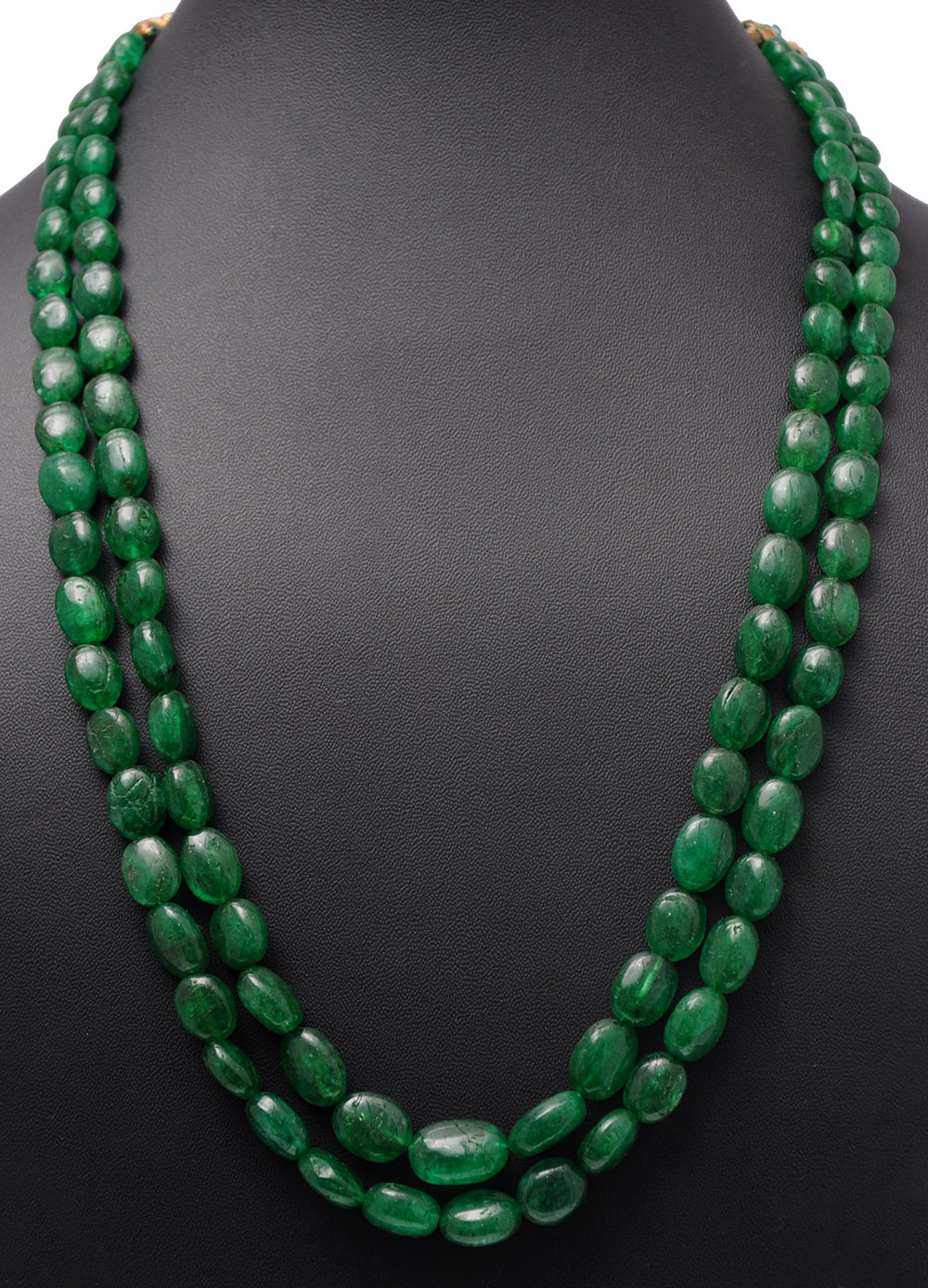 2 Rows Of Emerald Gemstone Oval Shaped Bead Necklace