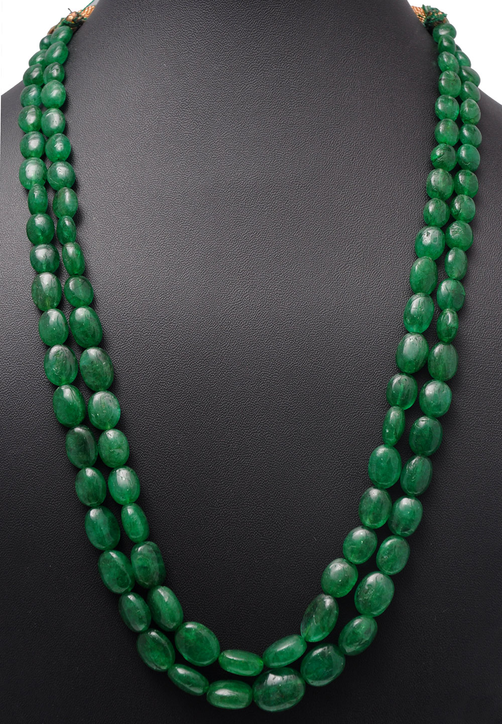 2 Rows Of Emerald Gemstone Oval Shaped Bead Necklace