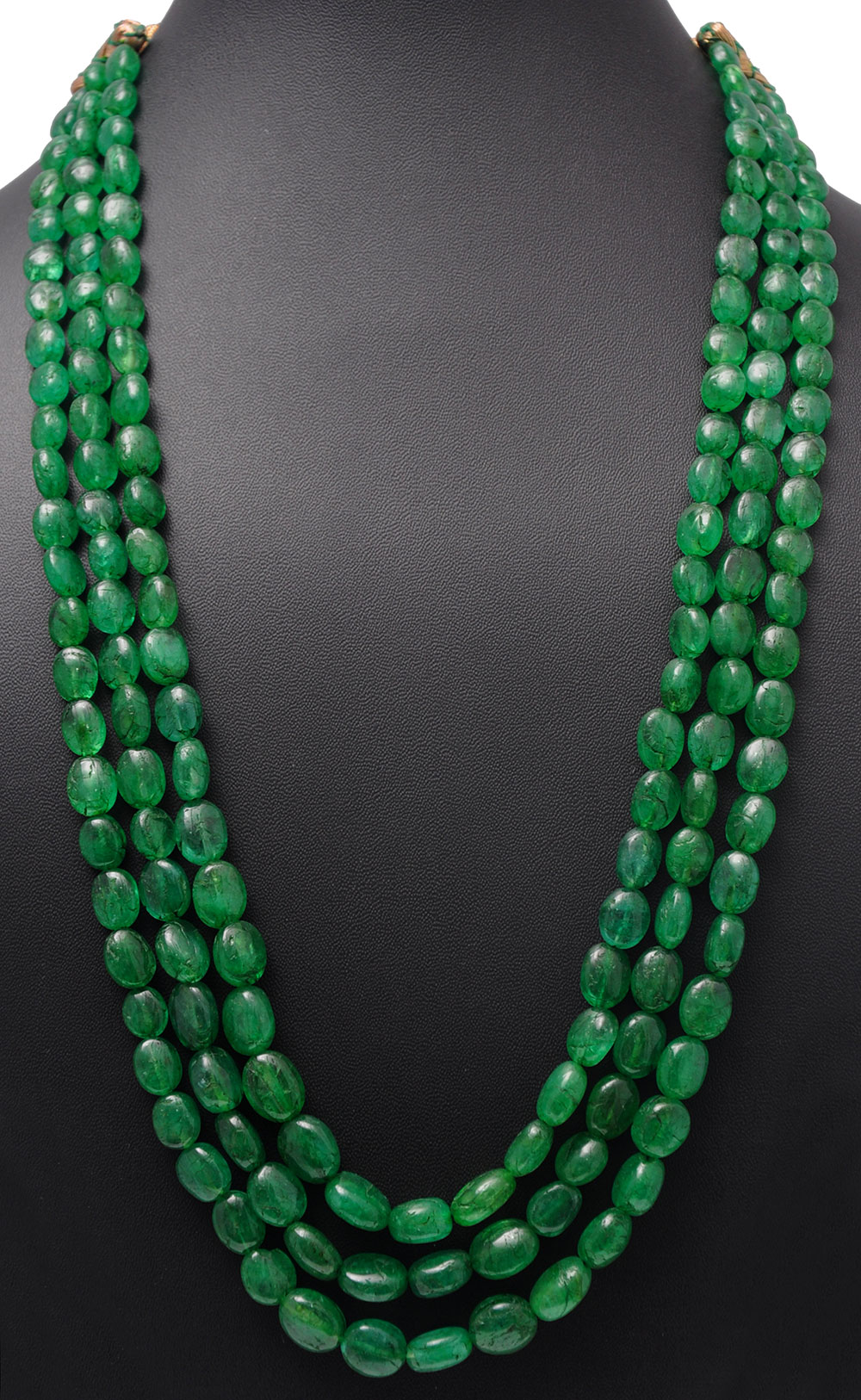 3 Rows Of Emerald Gemstone Oval Shaped Bead Necklace