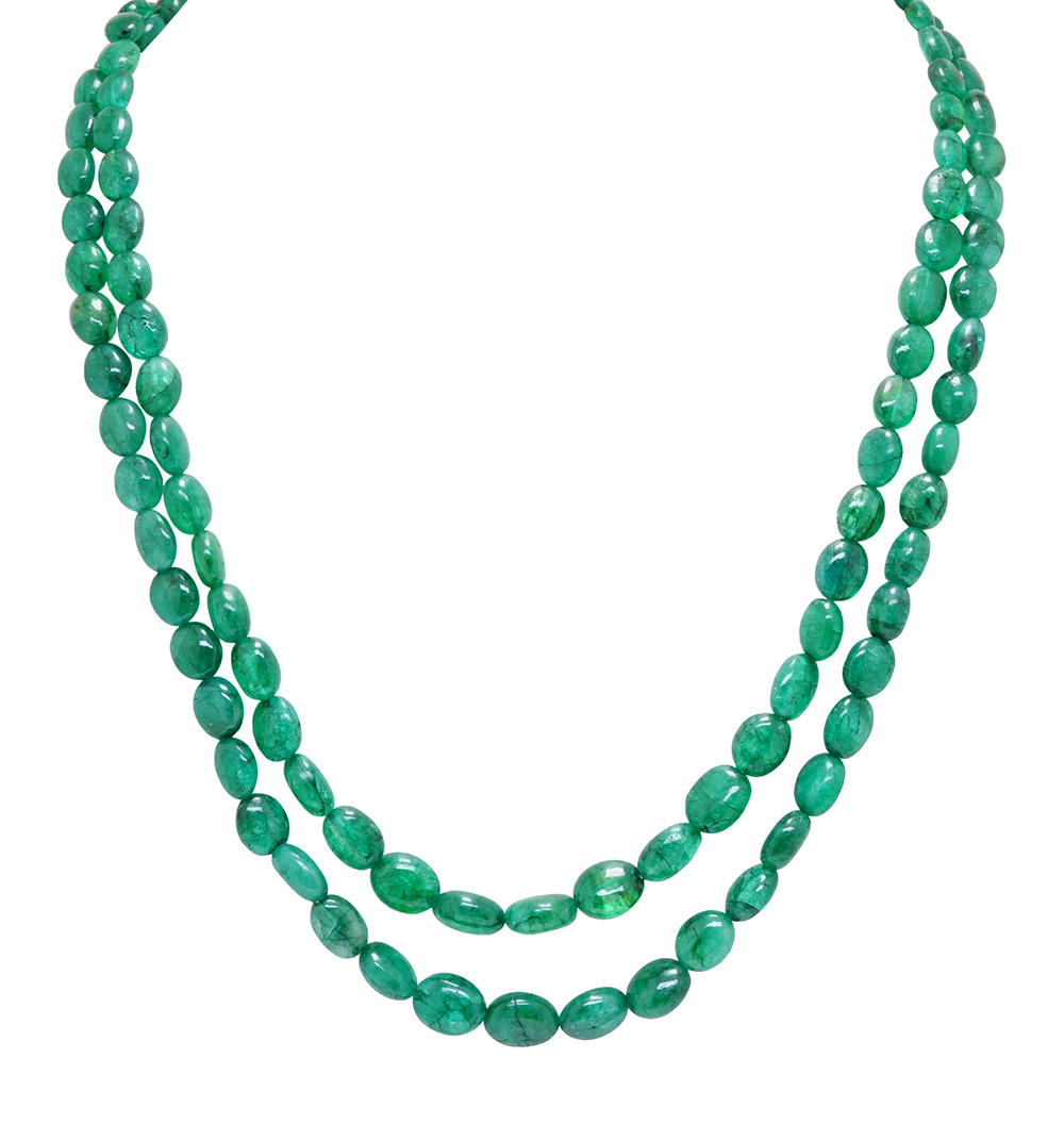 2 Rows Of Necklace Emerald Gemstone Oval Shape Beads