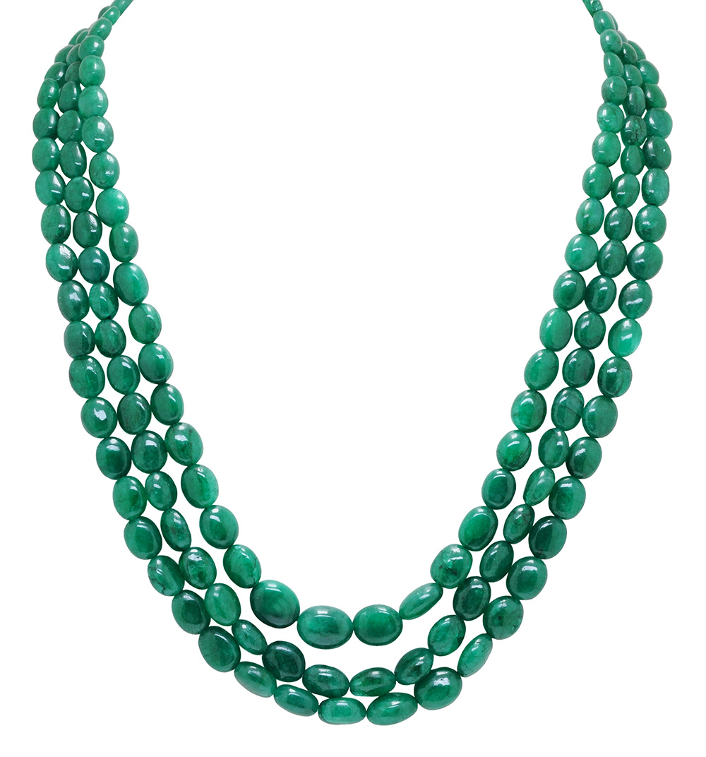 3 Rows Of Necklace Emerald Gemstone Oval Shape Beads