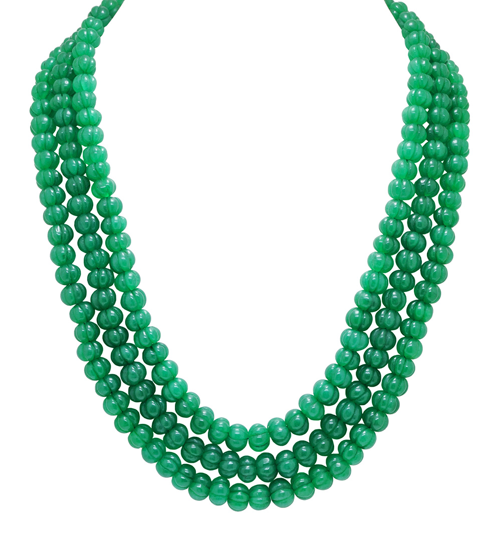 3 Rows Of Necklace Emerald Gemstone Melon Beads