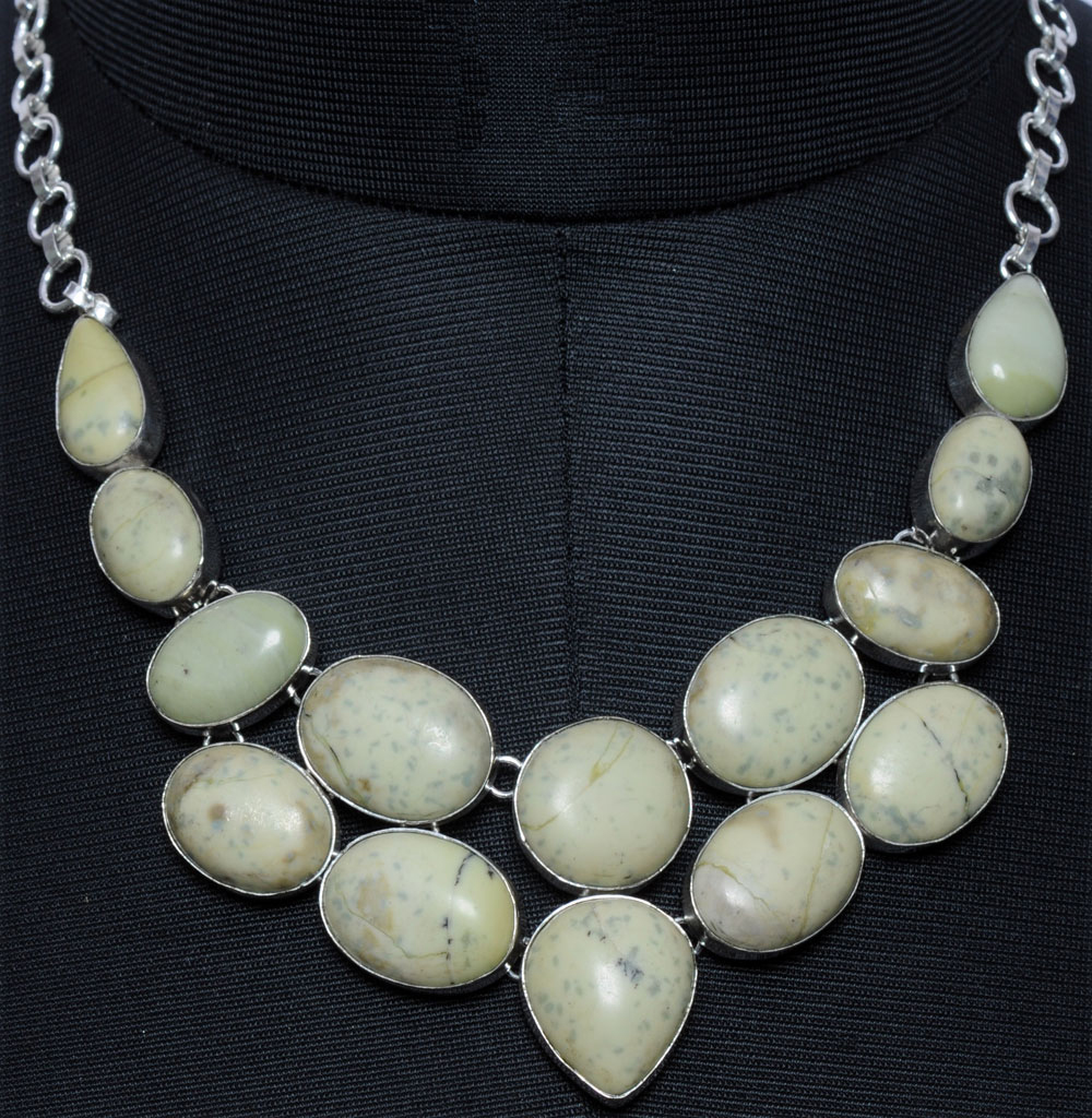 Unique Lime Jasper Gemstone Necklace In . Sterling Silver Overlay