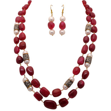 2 Rows Ruby Tumble Shape Bead & Pearl Necklace & Earring Set