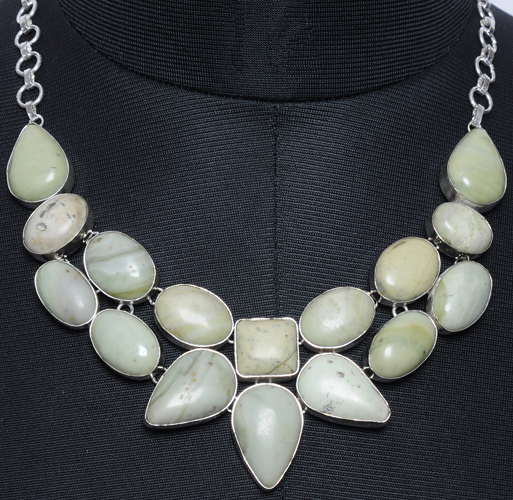 Unique Lime Jasper Gemstone Necklace In . Sterling Silver Overlay