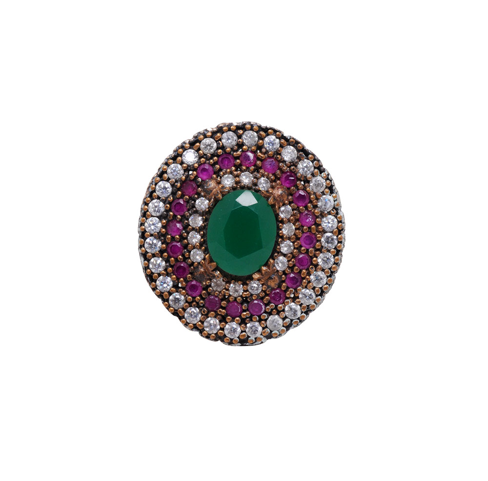 Emerald Ruby Topaz Gemstone Studded Cocktail Ring In Silver