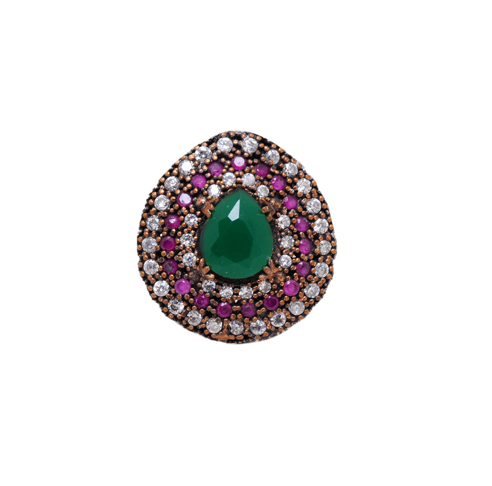 Ruby Emerald & Topaz Gemstone Studded Cocktail Ring In Silver