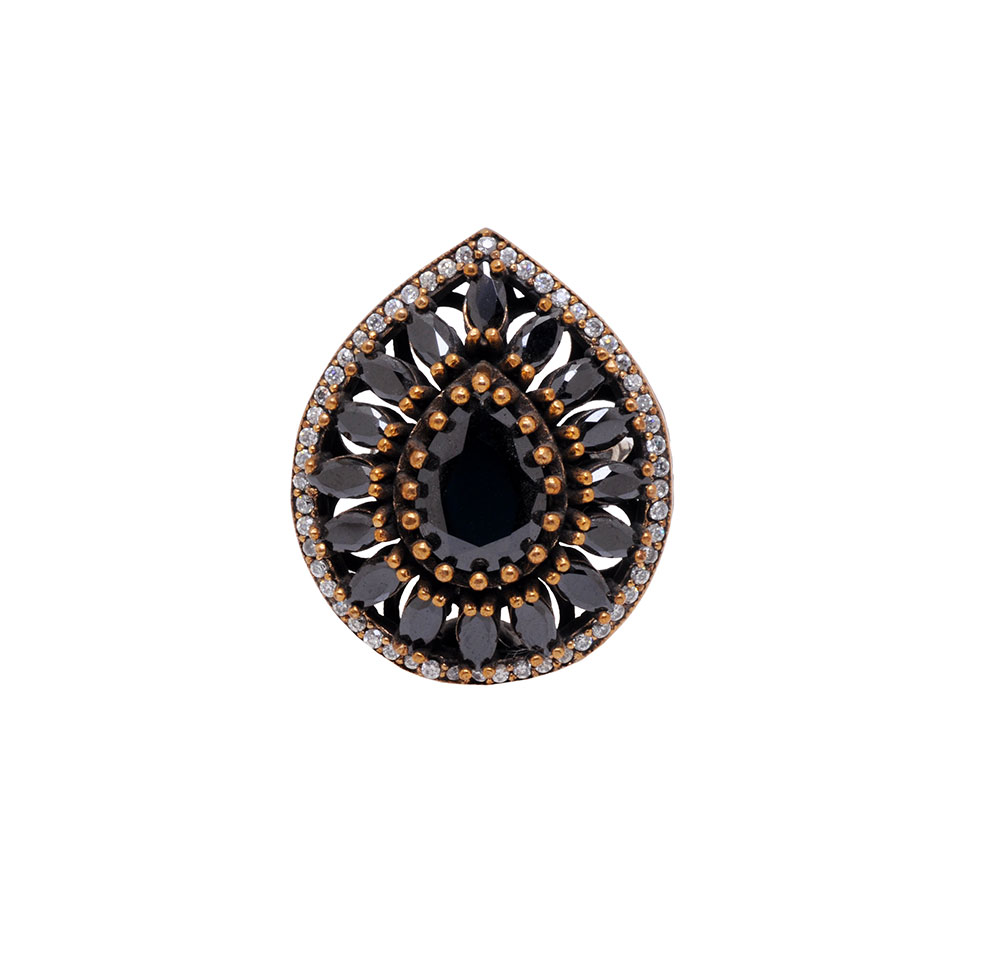 Black Spinel & Topaz Gemstone Studded Cocktail Ring In Silver