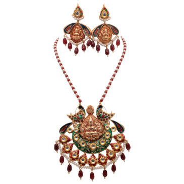 Divine Goddess Lakshmi Pendant & Earring With Pearl & Ruby Color Beads
