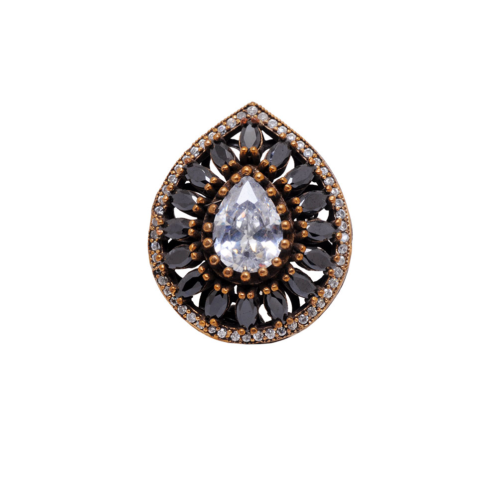 Cubic Zirconia & Black Spinel Gemstone Studded Cocktail Ring In Silver