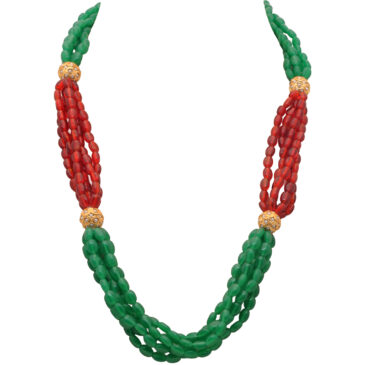 5 Rows of Ruby & Emerald bead with Pearl studded jadau ball Necklace