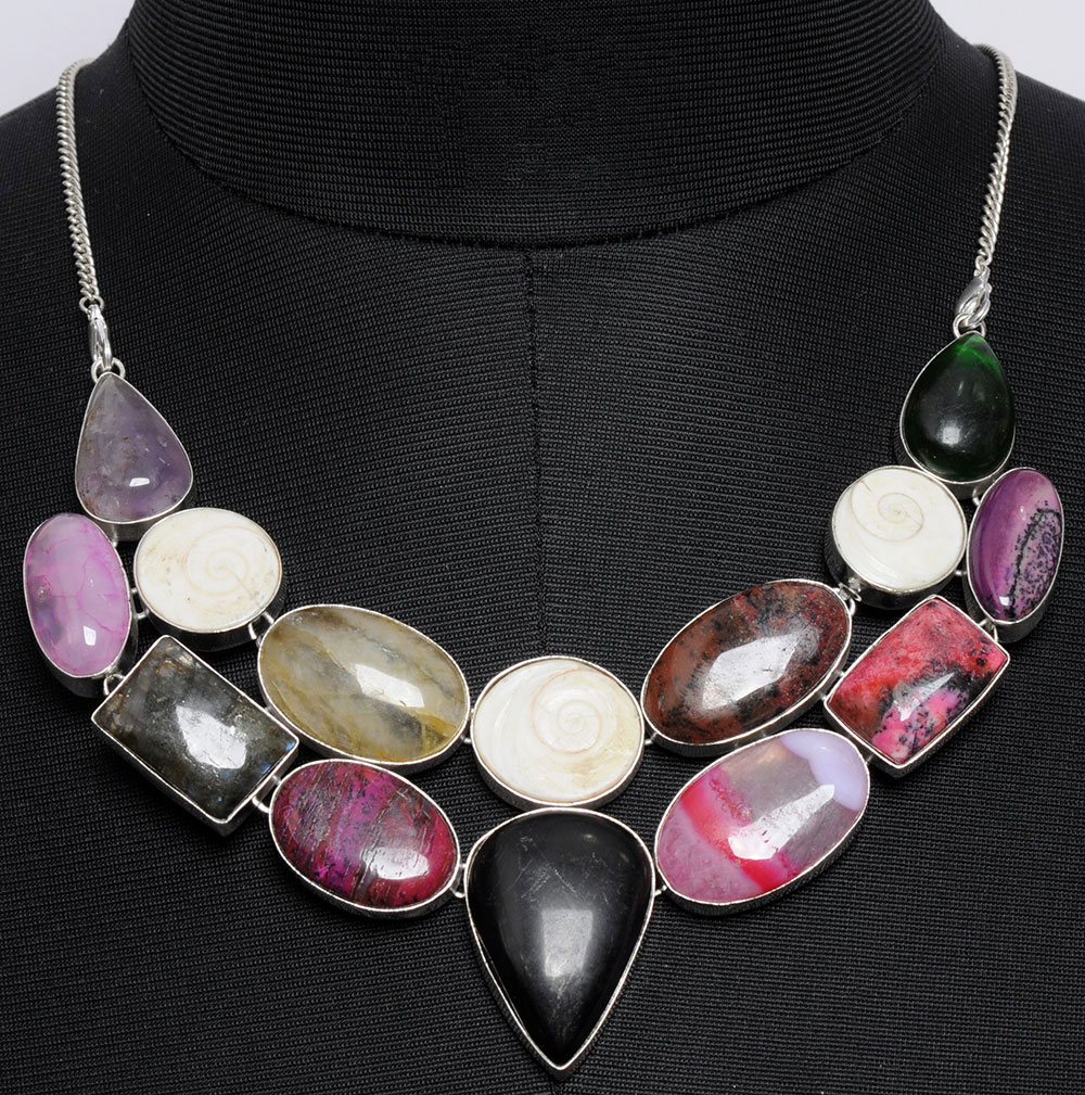 Onyx, Shiva & Amethyst Gemstone Necklace In . Sterling Silver Overlay
